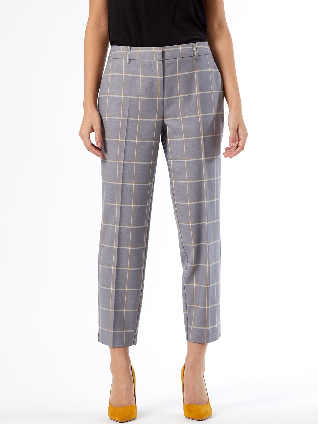 

DOROTHY PERKINS Women Grey & Mustard Regular Fit Checked Regular Trousers