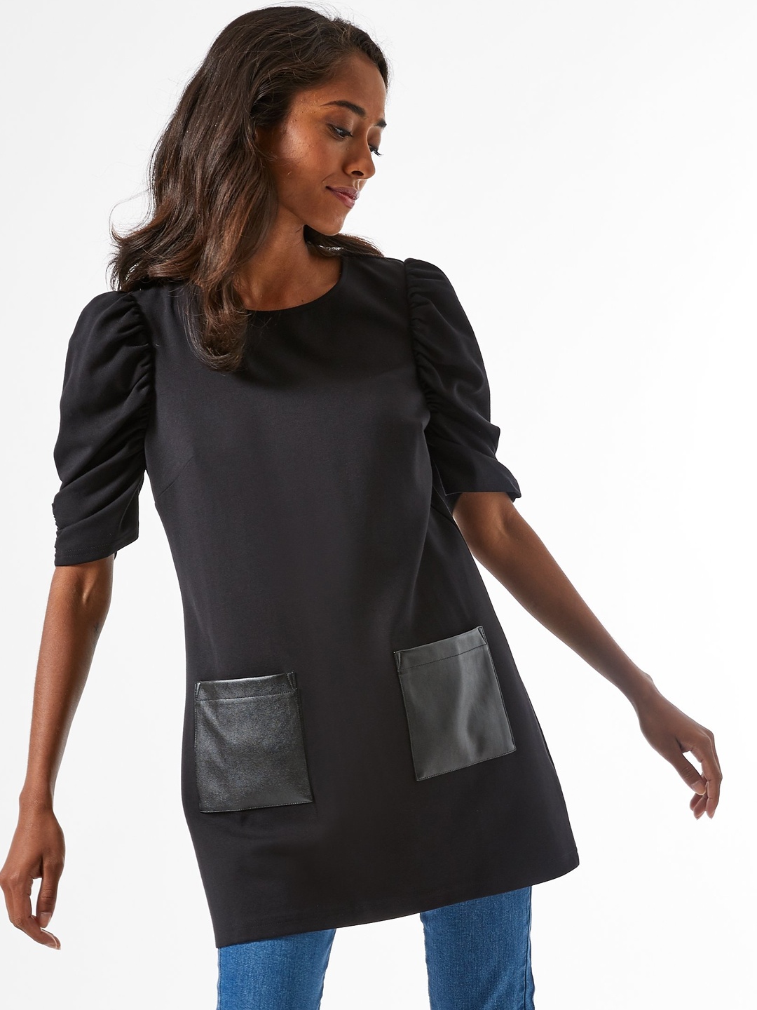 

DOROTHY PERKINS Women Petite Black PU Coated Pocket Detail Tunic