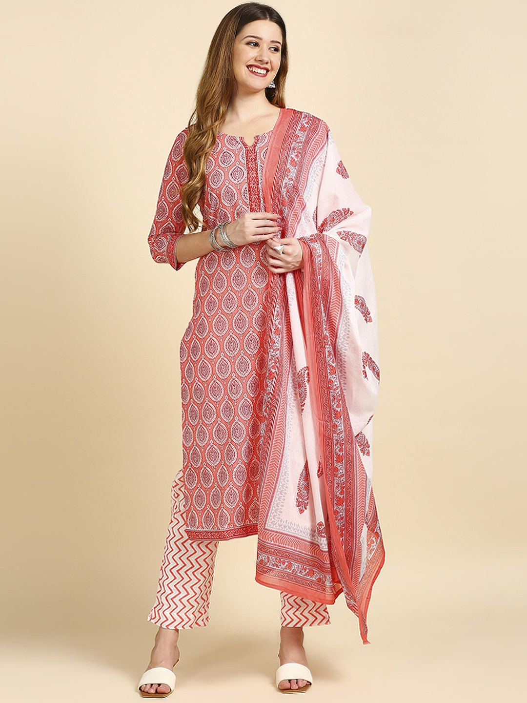 

Anubhutee Women Pink & White Printed Kurta with Trousers & Dupatta