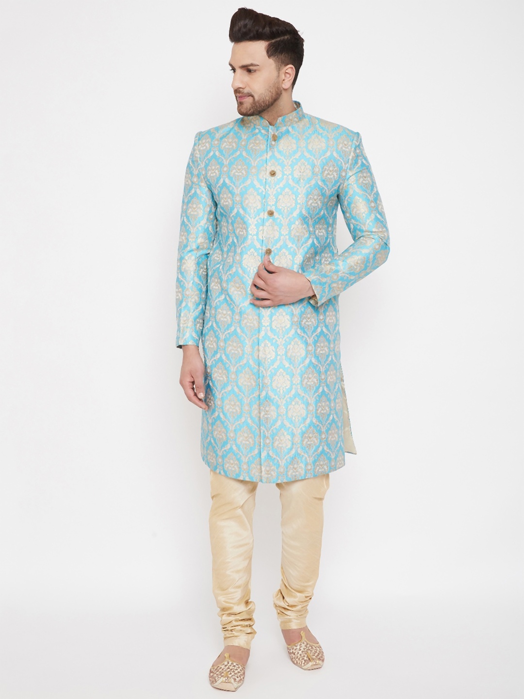 

VASTRAMAY Men Sea Green & Gold-Coloured Slim Fit Brocade Woven Design Sherwani Set