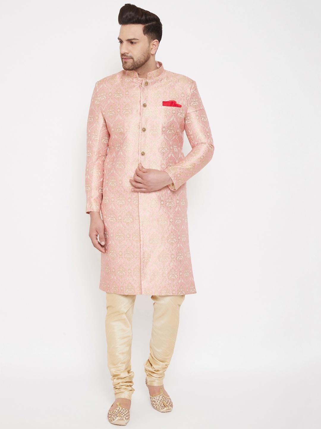 

VASTRAMAY Men Pink & Gold-Coloured Slim Fit Brocade Woven Design Sherwani Set