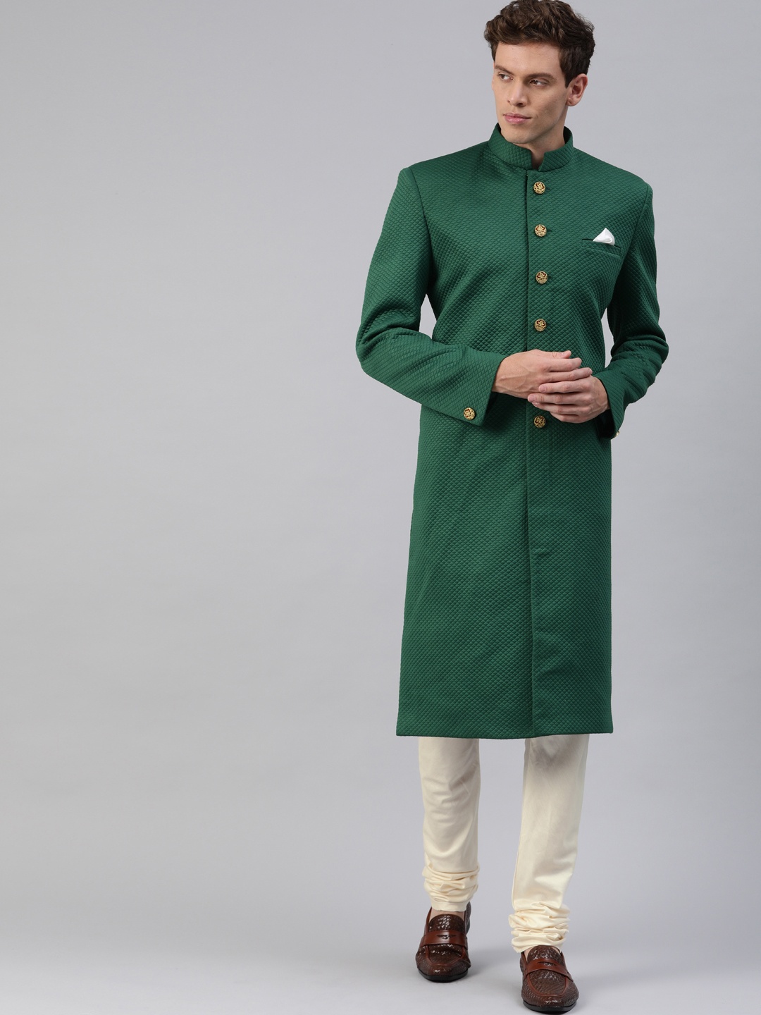 

VASTRAMAY Men Green & Off-White Self-Design Sherwani with Churidar