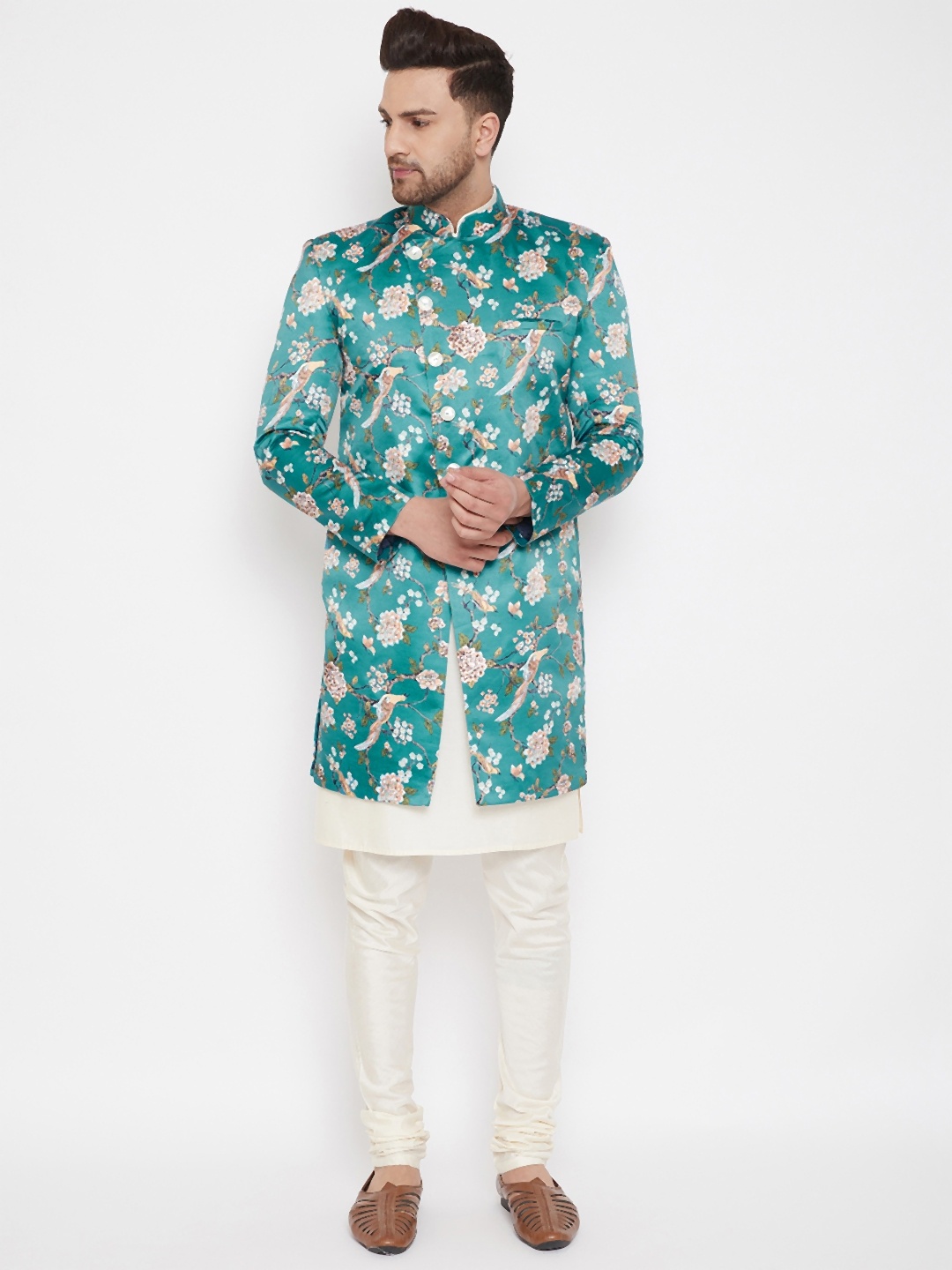 

VASTRAMAY Men Teal Green & Cream-Coloured Slim Fit Printed Indowestern Sherwani Set