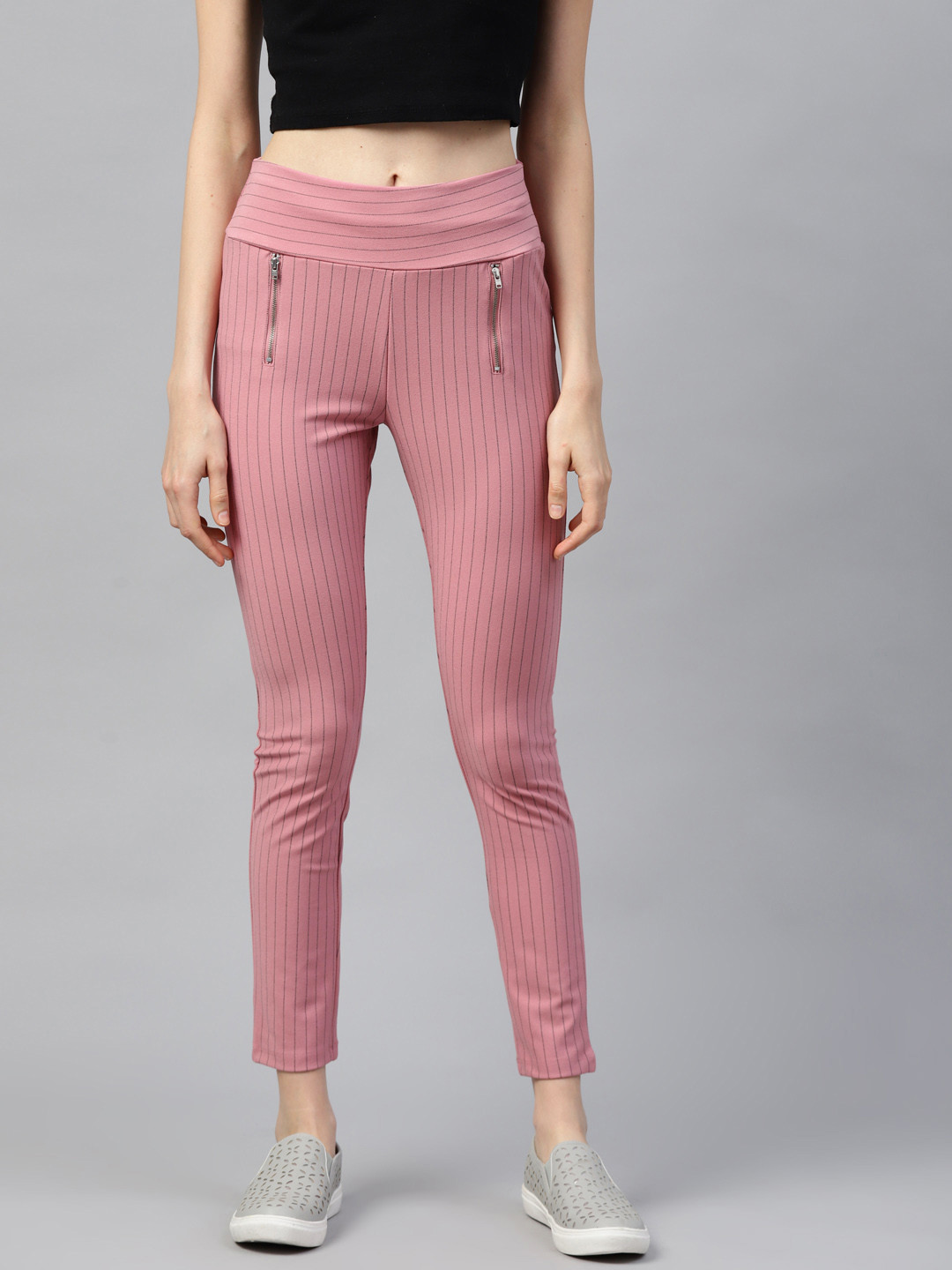 

SASSAFRAS Women Pink & Black Striped Slim Fit Jeggings