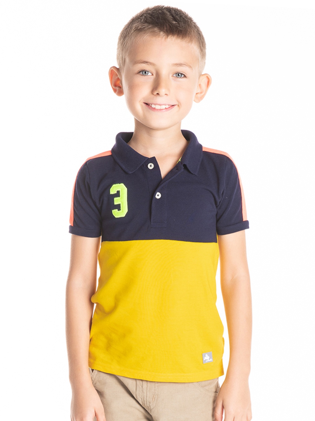 

Cherry Crumble Boys Yellow Color Block Sleek Polo T-shirt, Navy blue