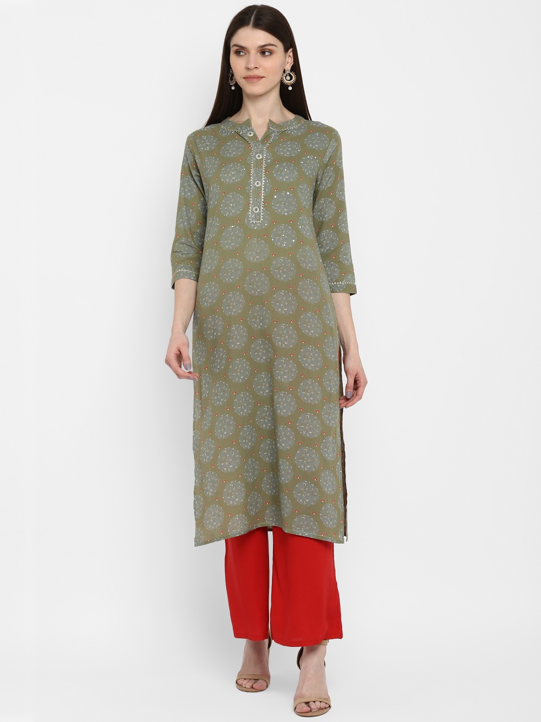 

Vbuyz Women Olive Green Printed Straight Kurta