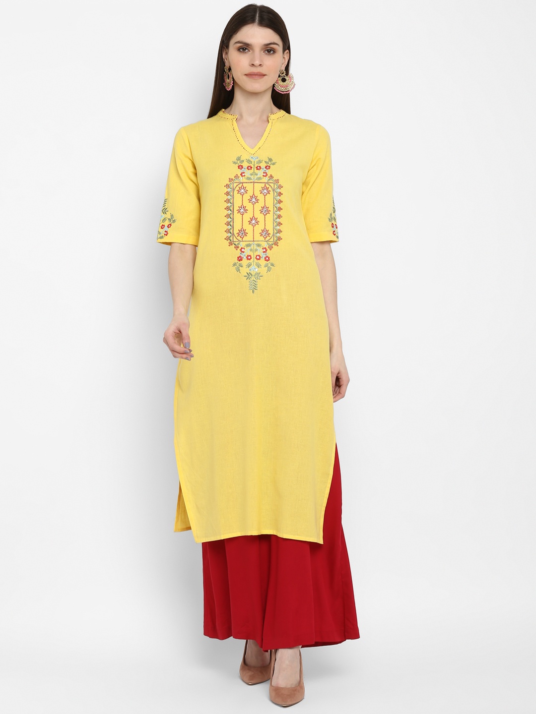 

Vbuyz Women Yellow & Red Embroidered Straight Kurta