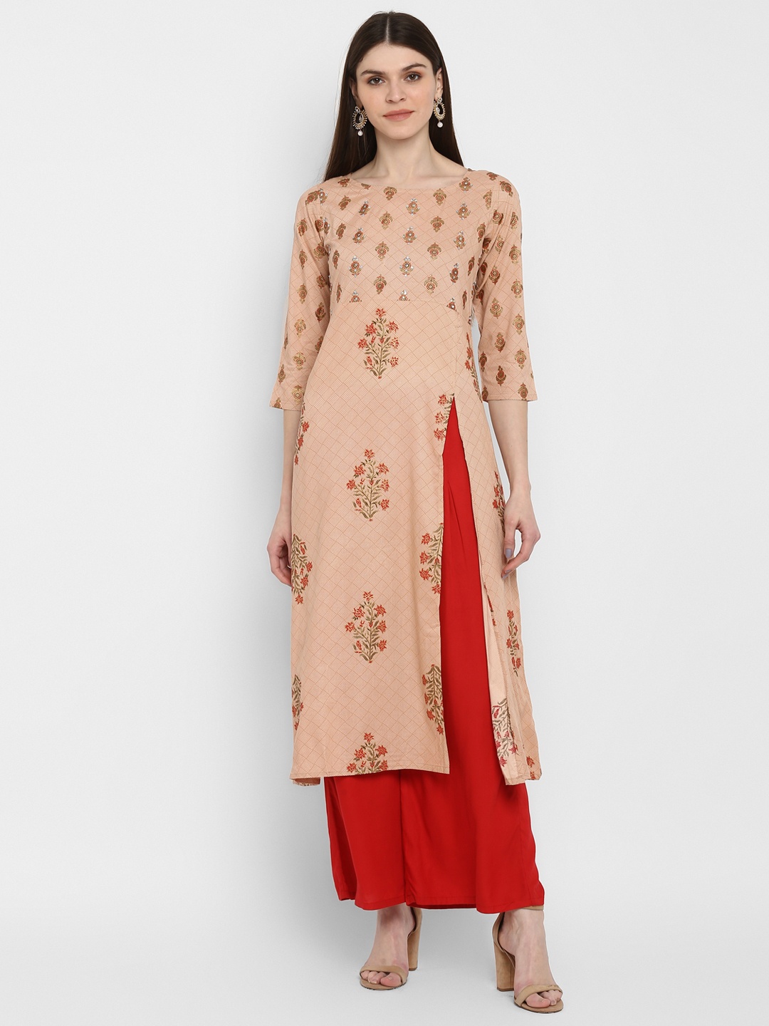 

Vbuyz Women Peach-Coloured Printed A-Line Kurta