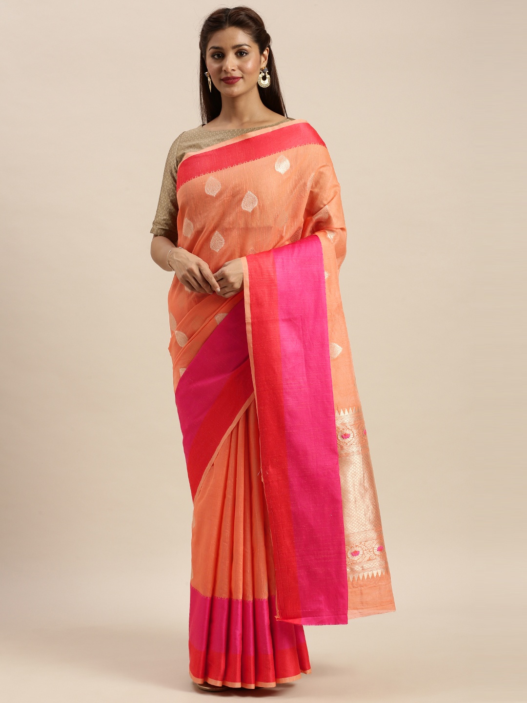 

SANGAM PRINTS Peach-Coloured Linen Blend Woven Design Block Print Saree