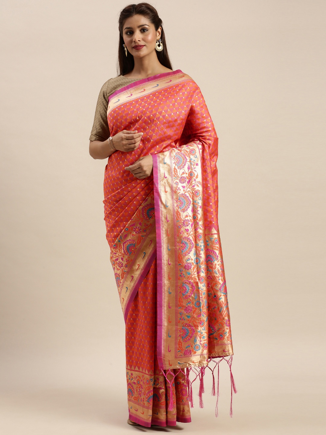 

SANGAM PRINTS Orange Pure Silk Woven Design Banarasi Saree