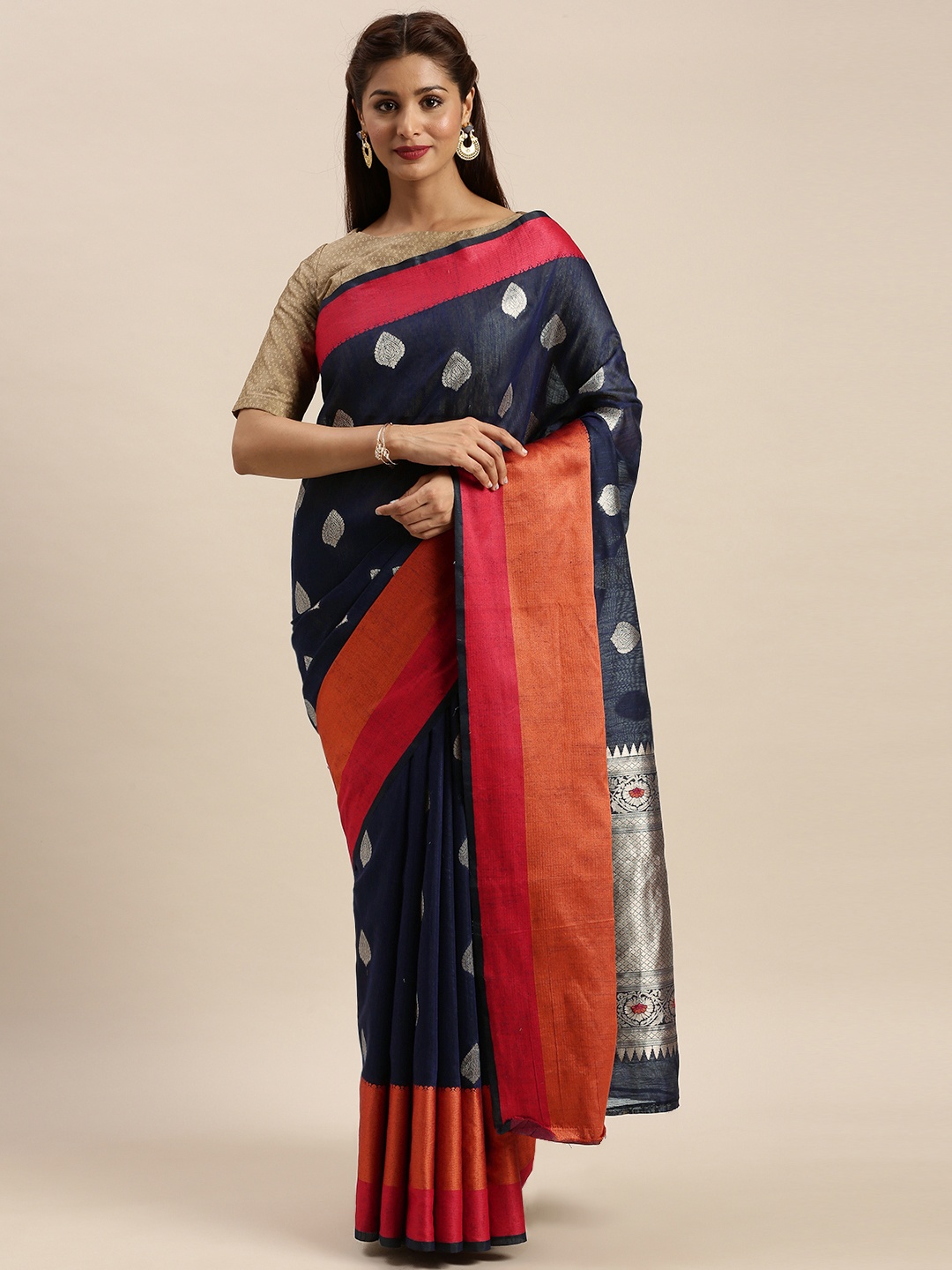 

SANGAM PRINTS Navy Blue Linen Blend Woven Design Block Print Saree