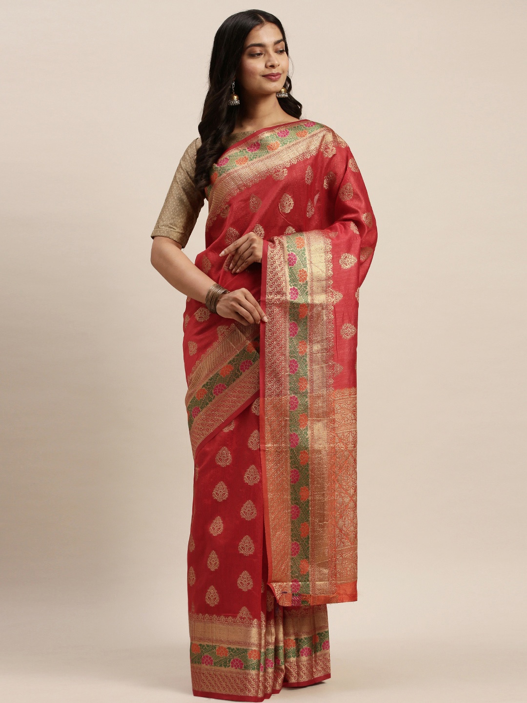 

SANGAM PRINTS Red Pure Silk Woven Design Banarasi Saree