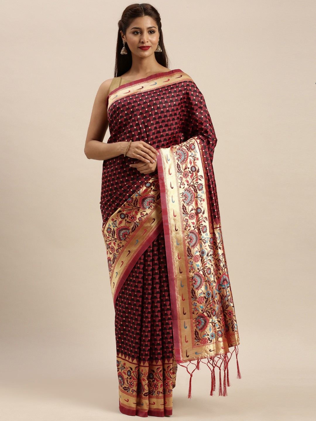 

SANGAM PRINTS Maroon & Black Pure Silk Woven Design Banarasi Saree