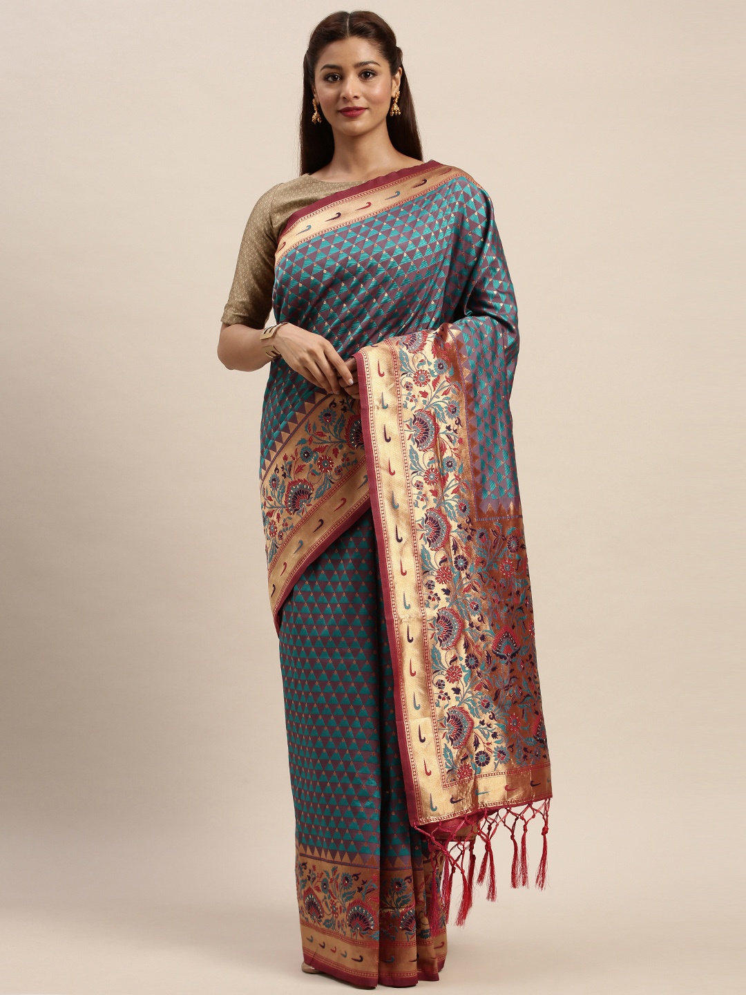 

SANGAM PRINTS Green & Gold-Toned Pure Silk Woven Design Banarasi Saree