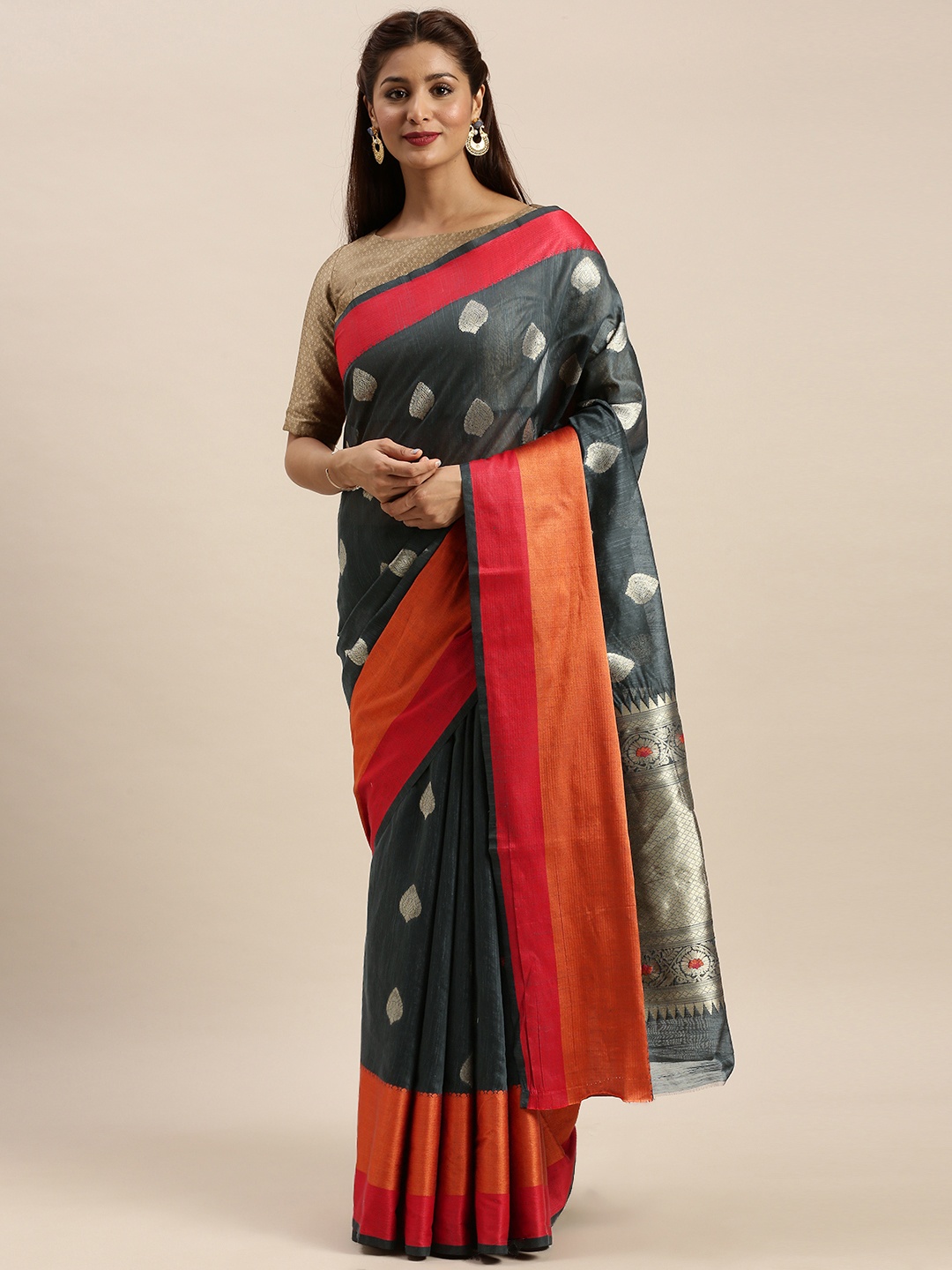 

SANGAM PRINTS Charcoal Linen Blend Woven Design Block Print Saree