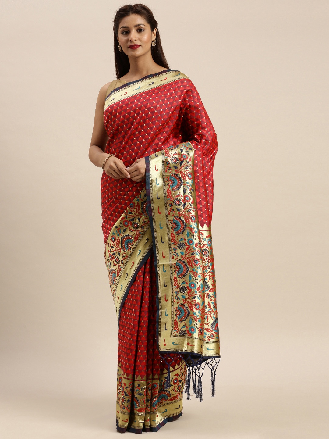 

SANGAM PRINTS Red & Gold-Coloured Pure Silk Woven Design Banarasi Saree