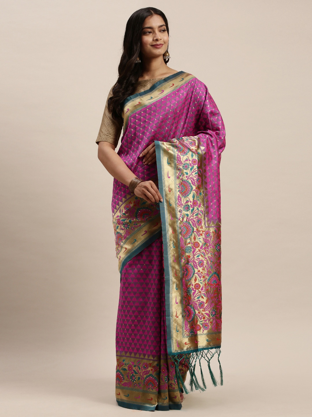

SANGAM PRINTS Pink Pure Silk Woven Design Banarasi Saree