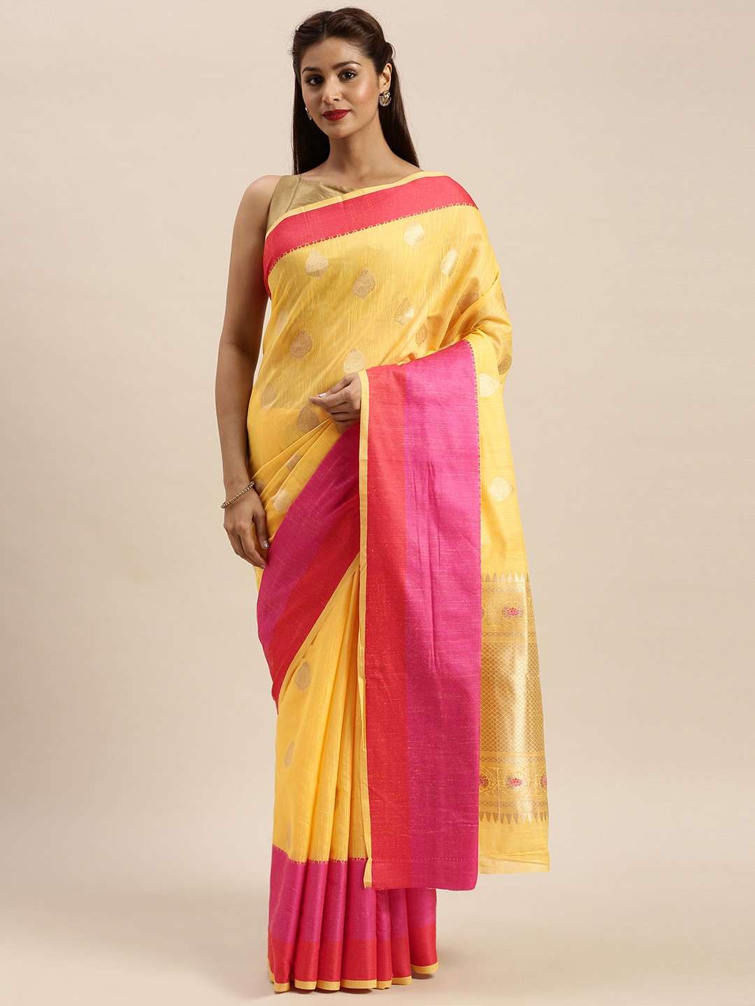 

SANGAM PRINTS Yellow & Pink Linen Blend Block Printed Saree