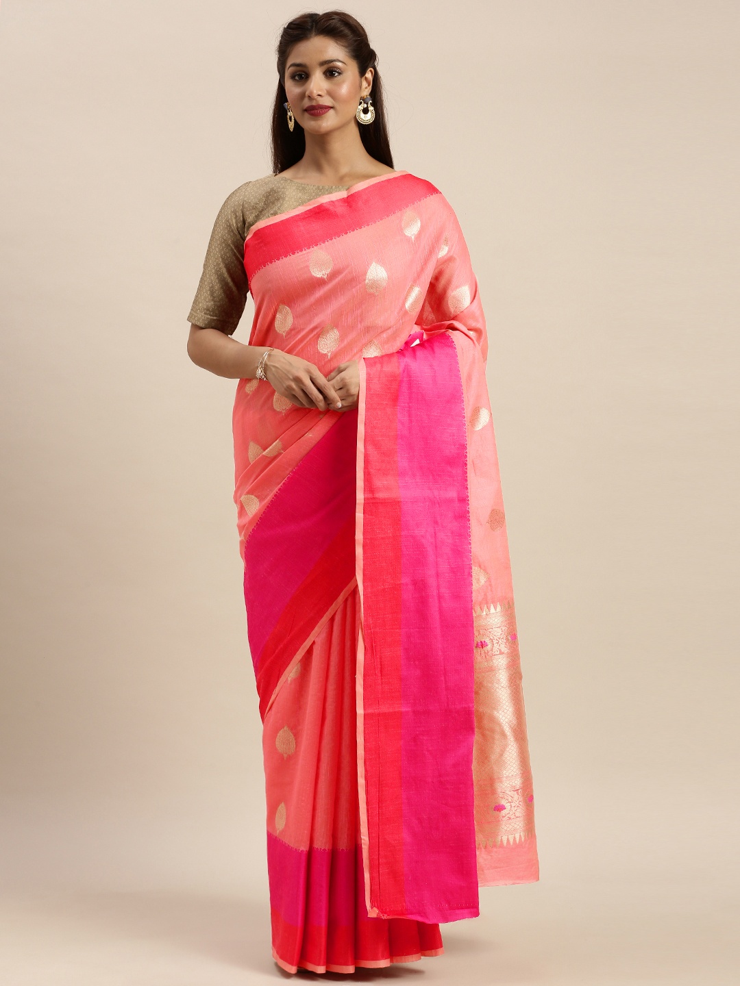 

SANGAM PRINTS Peach-Coloured Linen Blend Woven Design Block Print Saree