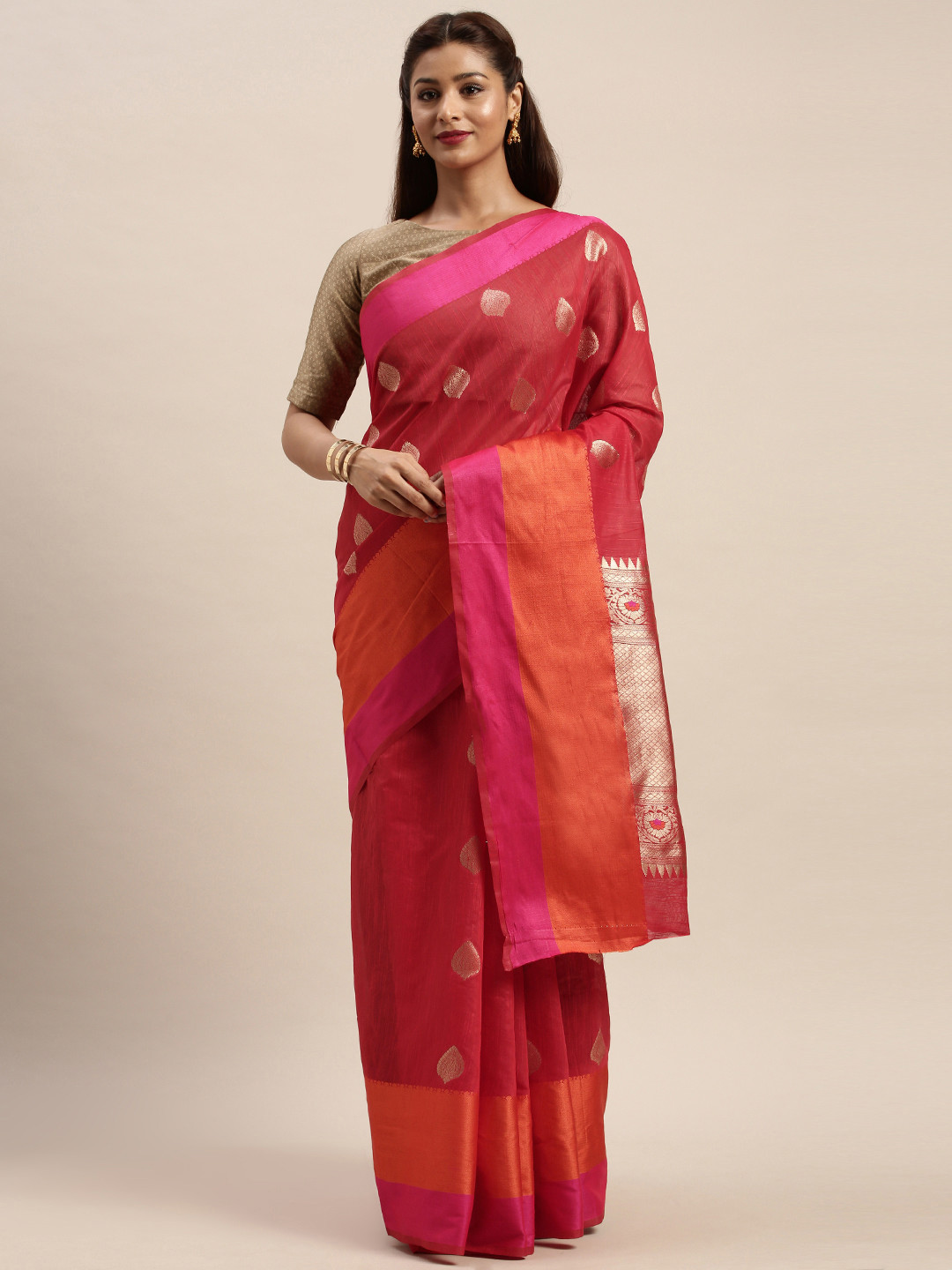 

SANGAM PRINTS Red & Gold-Toned Linen Blend Woven Design Block Print Saree