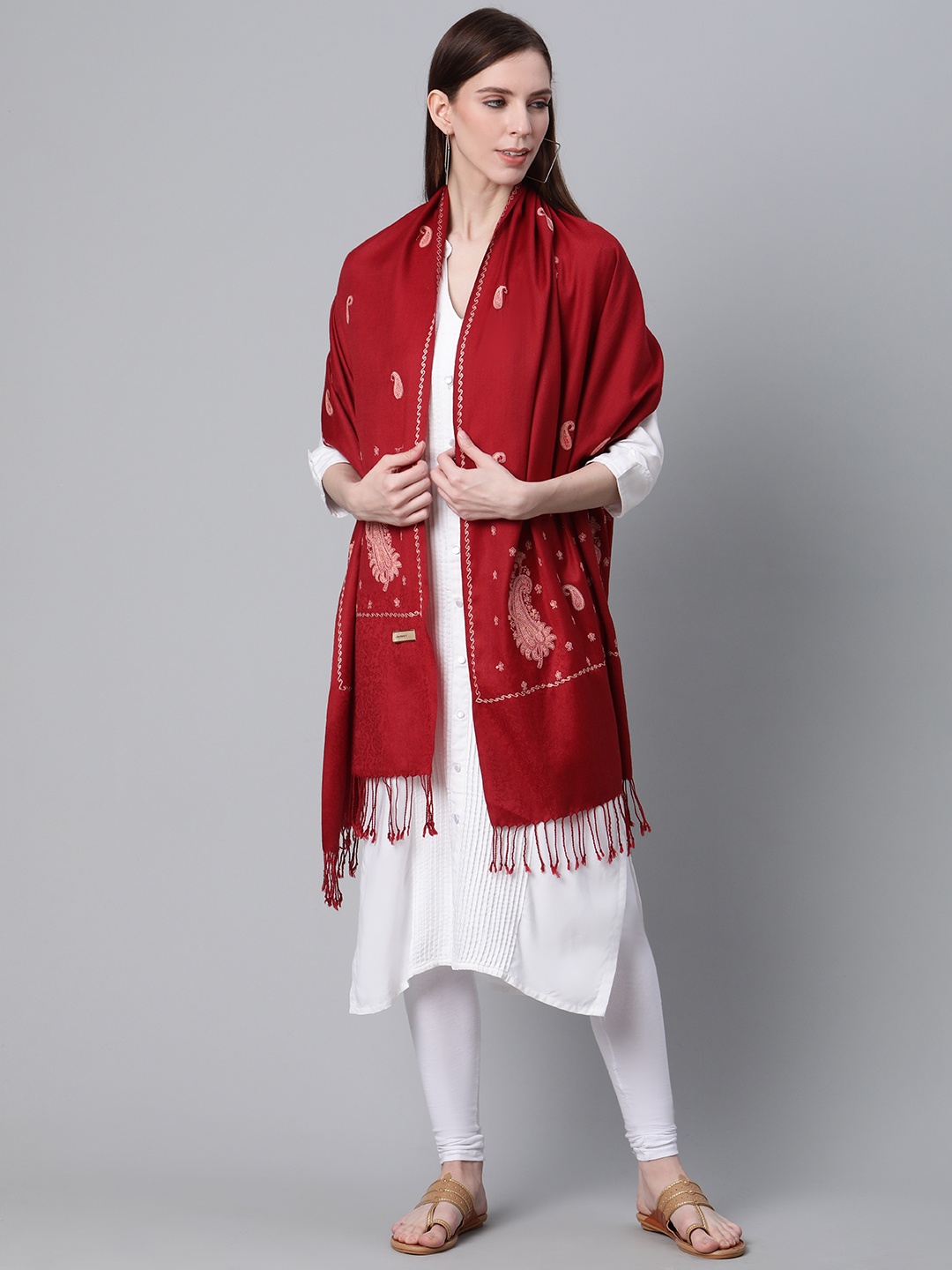 

Cayman Women Maroon & Peach-Coloured Woolen Paisley Embroidered Shawl