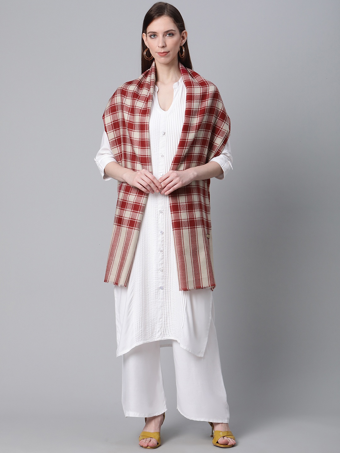 

Cayman Women Maroon & Beige Woolen Checked Shawl
