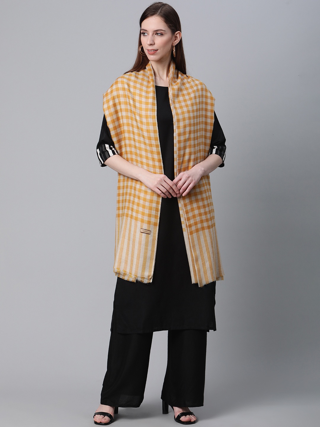 

Cayman Women Mustard Yellow & Beige Woolen Checked Shawl