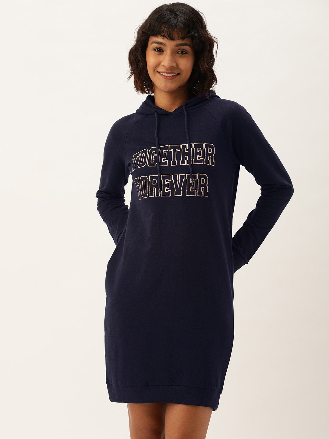 

Slumber Jill Navy Blue Printed Nightdress with Hood