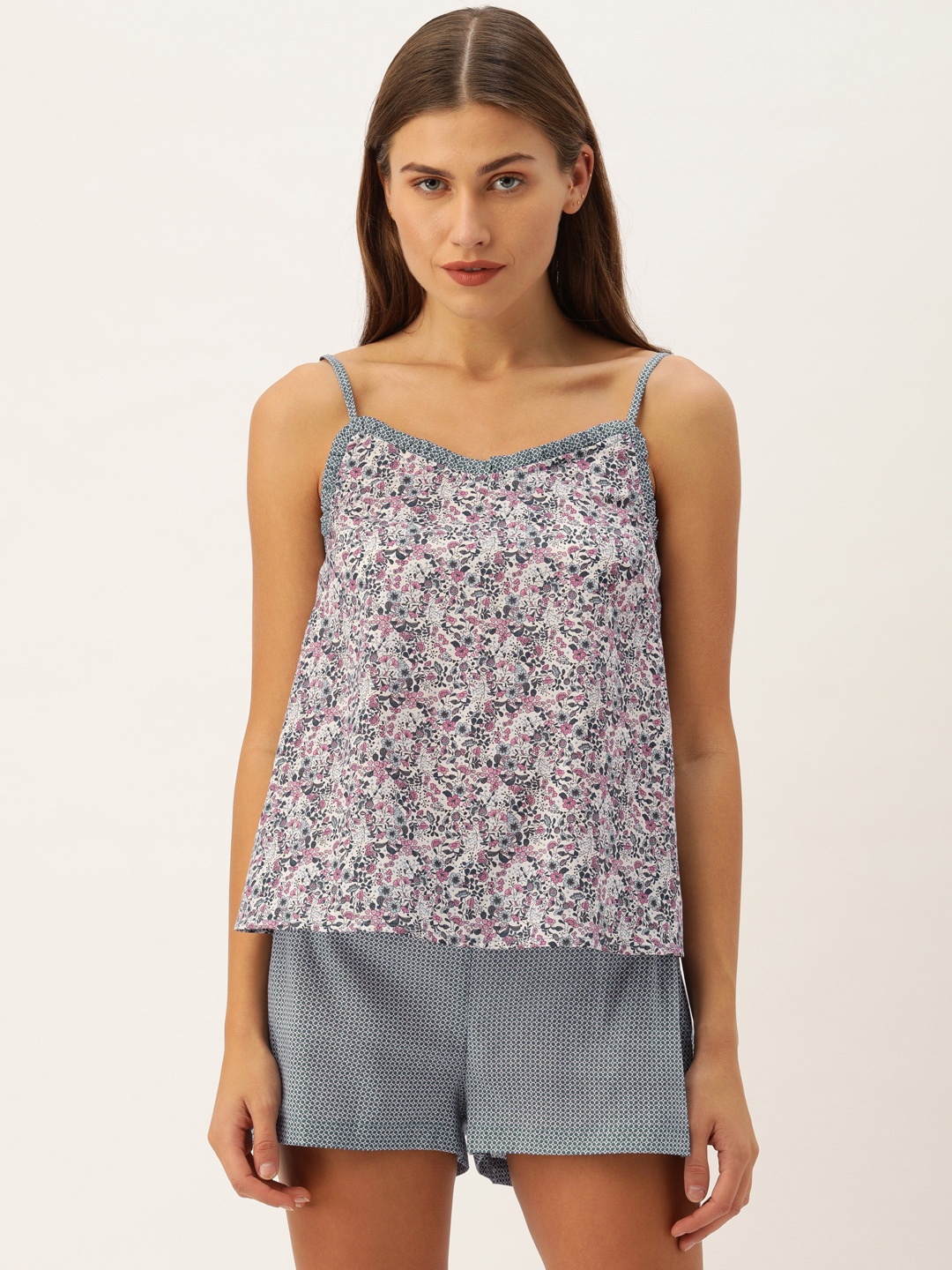 

Slumber Jill Women Blue & White Floral Printed Cotton Night suit