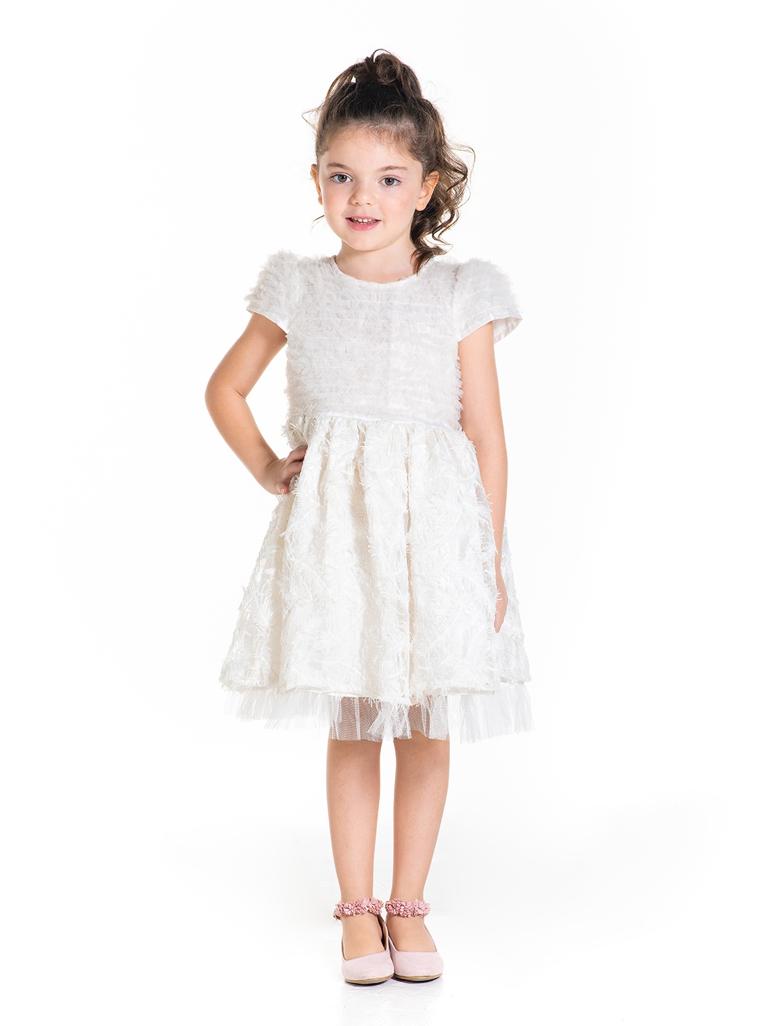 

Cherry Crumble Girls White Self Design Fit and Flare Dress