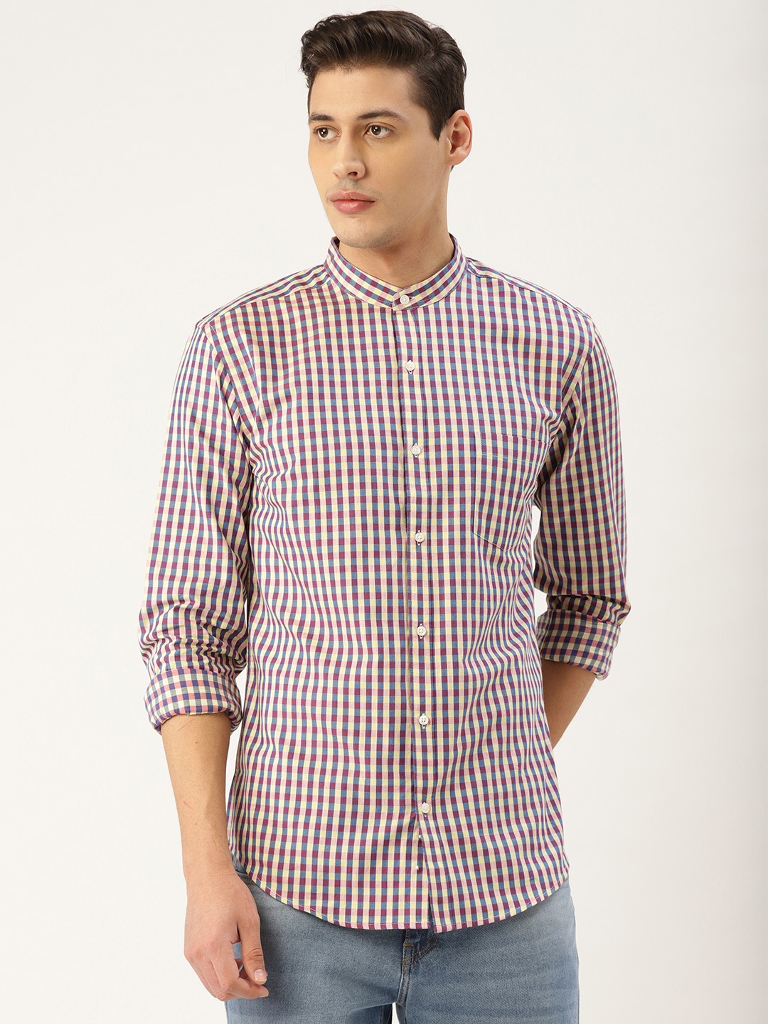 

Style Quotient Men Cream-Coloured & Blue Checked Smart Shirt