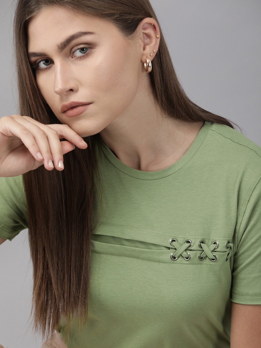 

Roadster Women Green Self Design Top