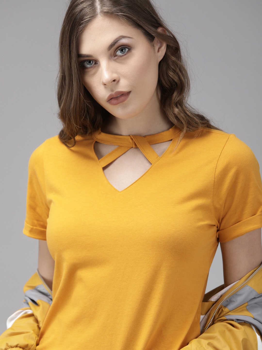 

Roadster Women Yellow Solid Cut Out Detail Top