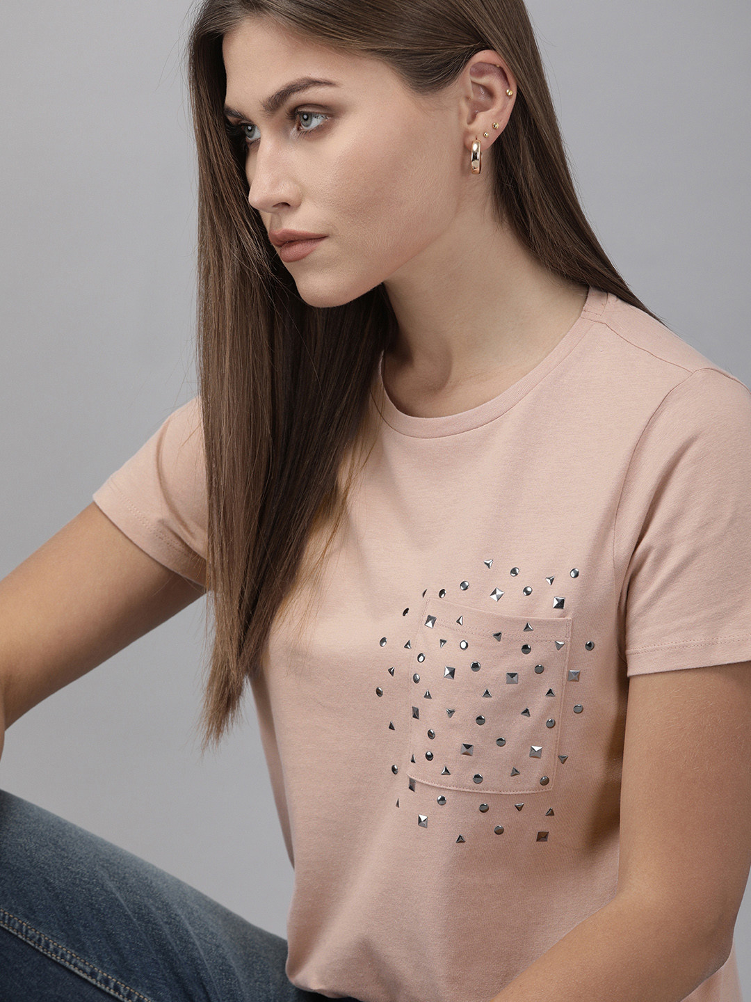 

Roadster Women Pink Solid Round Neck Pure Cotton T-shirt with Embellished Detail