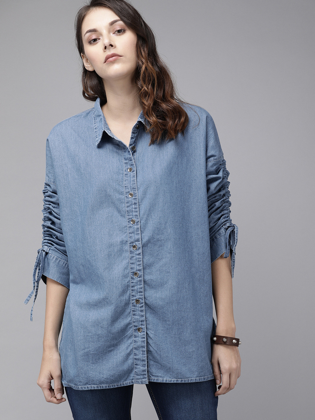 

Roadster Women Blue Regular Fit Solid Casual Shirt with Ruching Detail