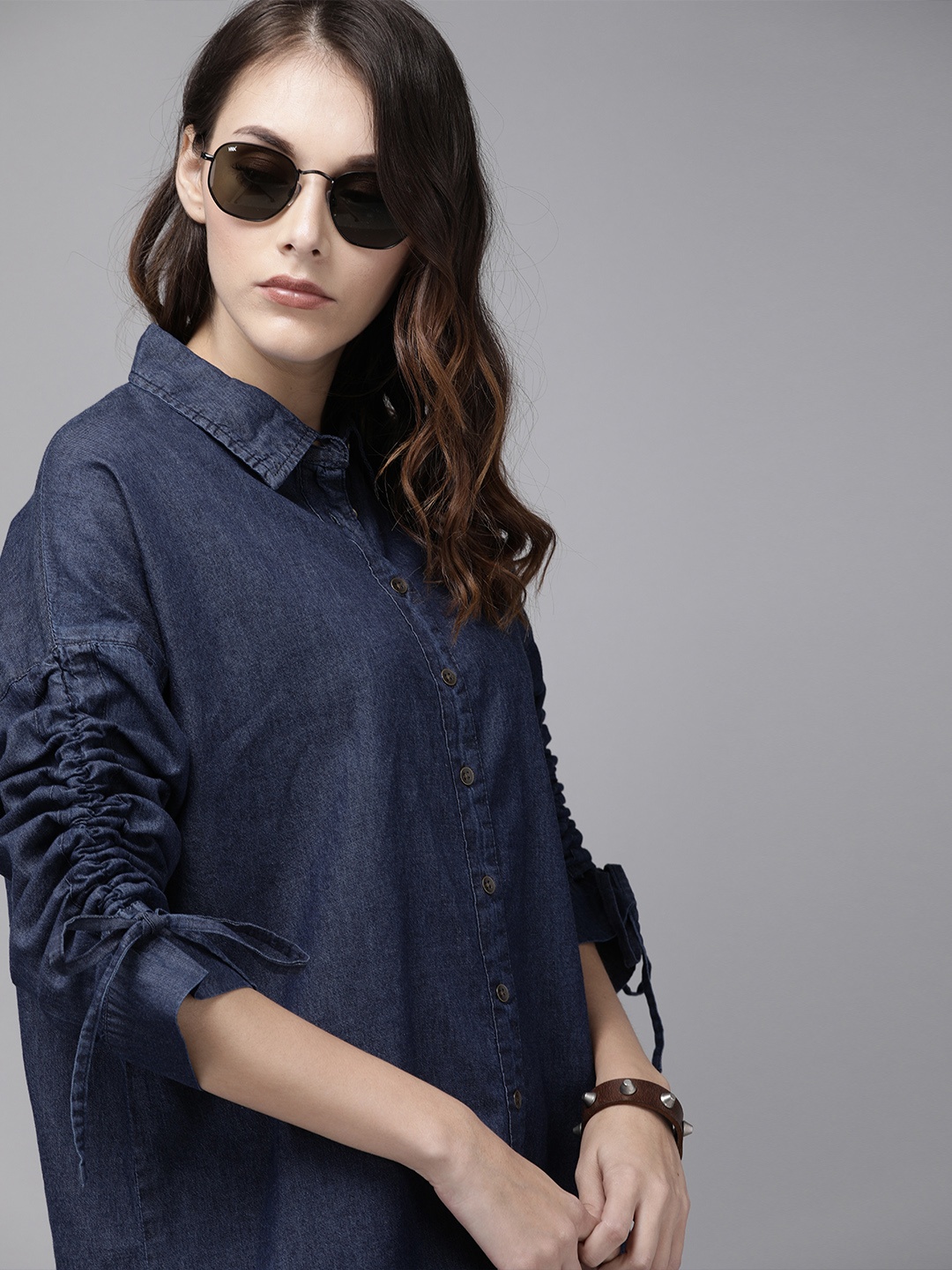 

Roadster Women Blue Regular Fit Solid Casual Shirt with Ruching Detail