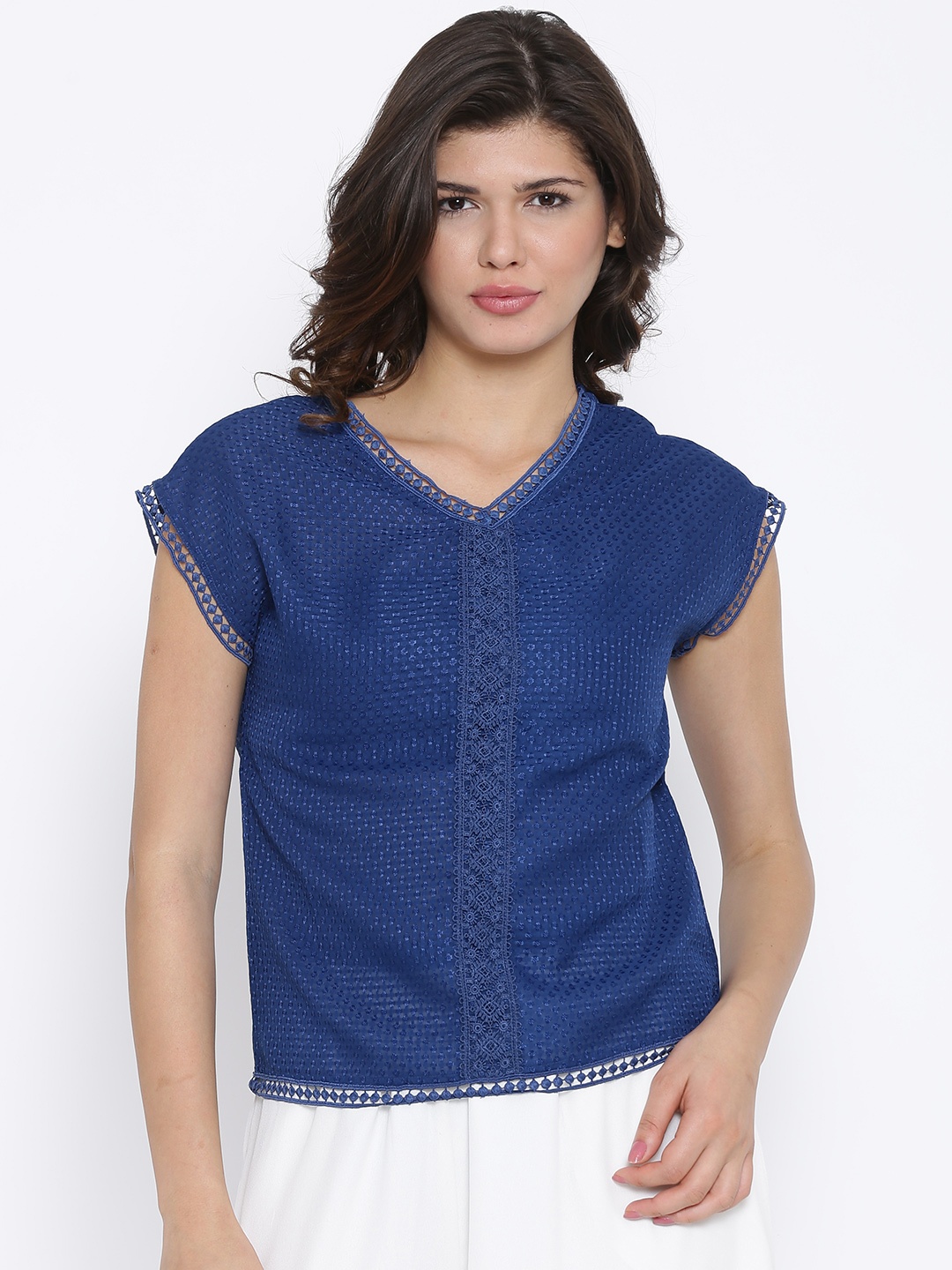 

Fusion Beats Women Blue Self Design Regular Top with Lace Inserts