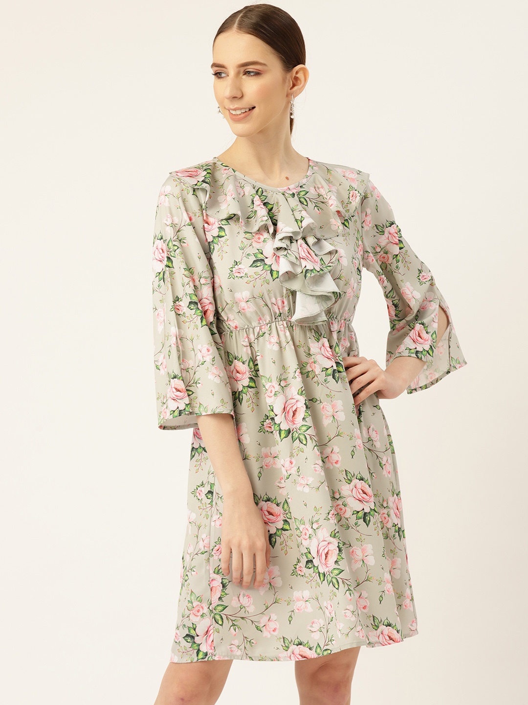 

Off Label Women Green & Pink Floral Printed Fit and Flare Dress