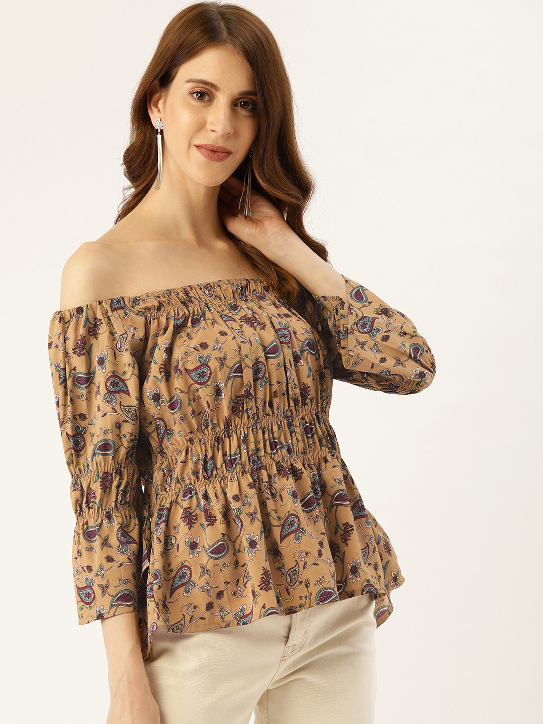 

Off Label Women Brown & Black Floral Printed Bardot Top