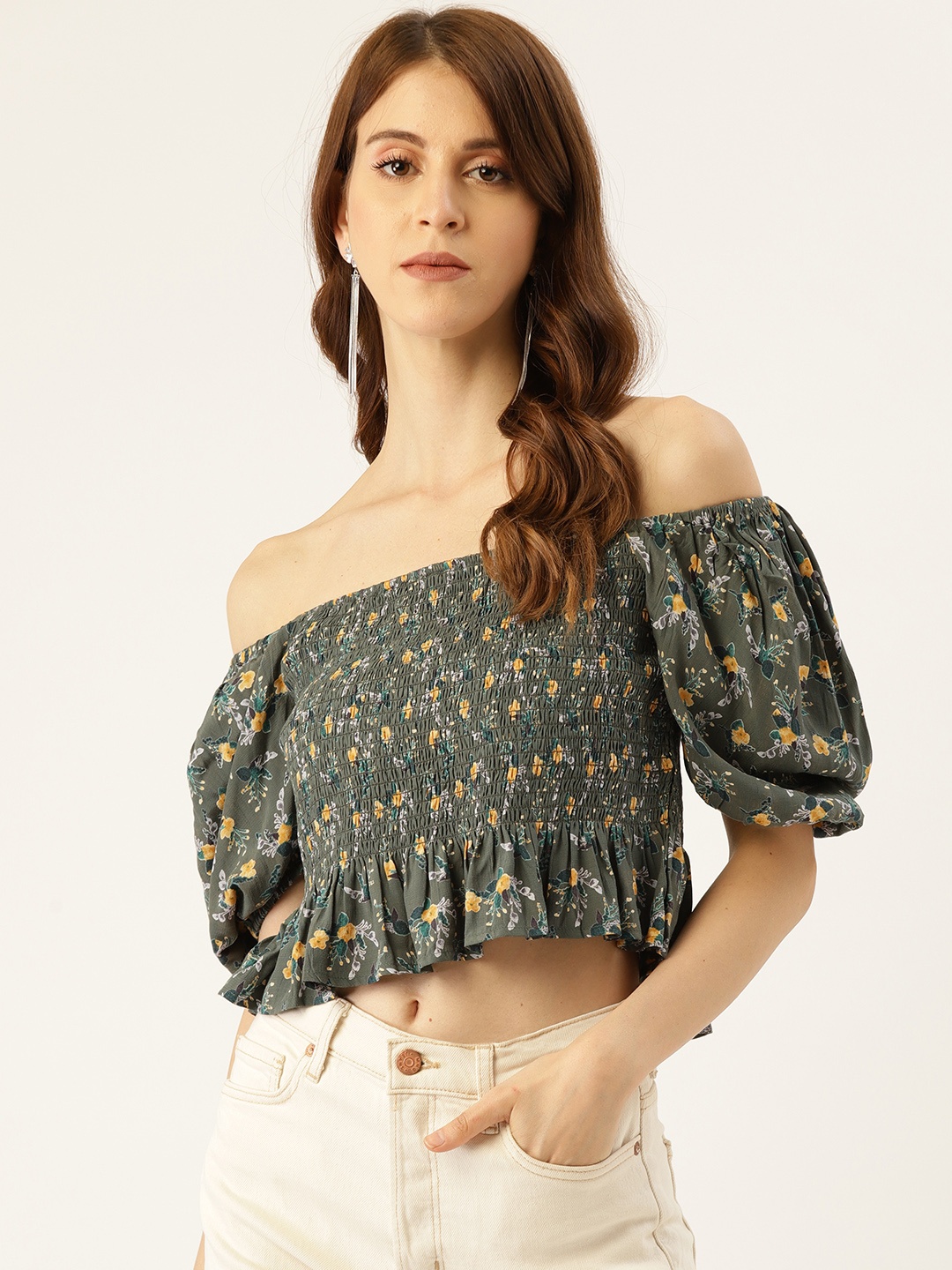 

Off Label Women Olive Green & Yellow Floral Printed Bardot Top