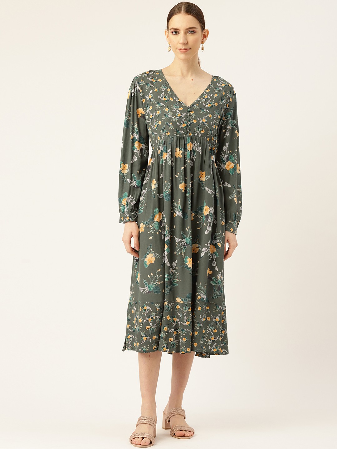 

Off Label Women Olive Green & Yellow Floral Printed A-Line Dress