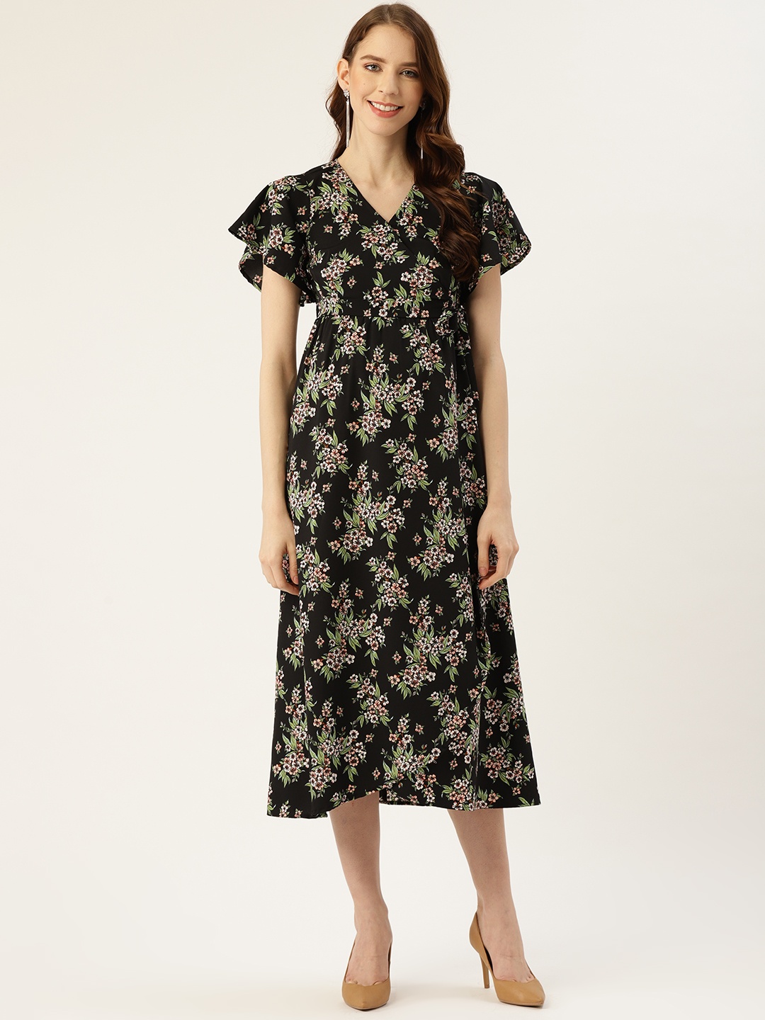 

Off Label Women Black & Green Floral Printed Wrap Dress