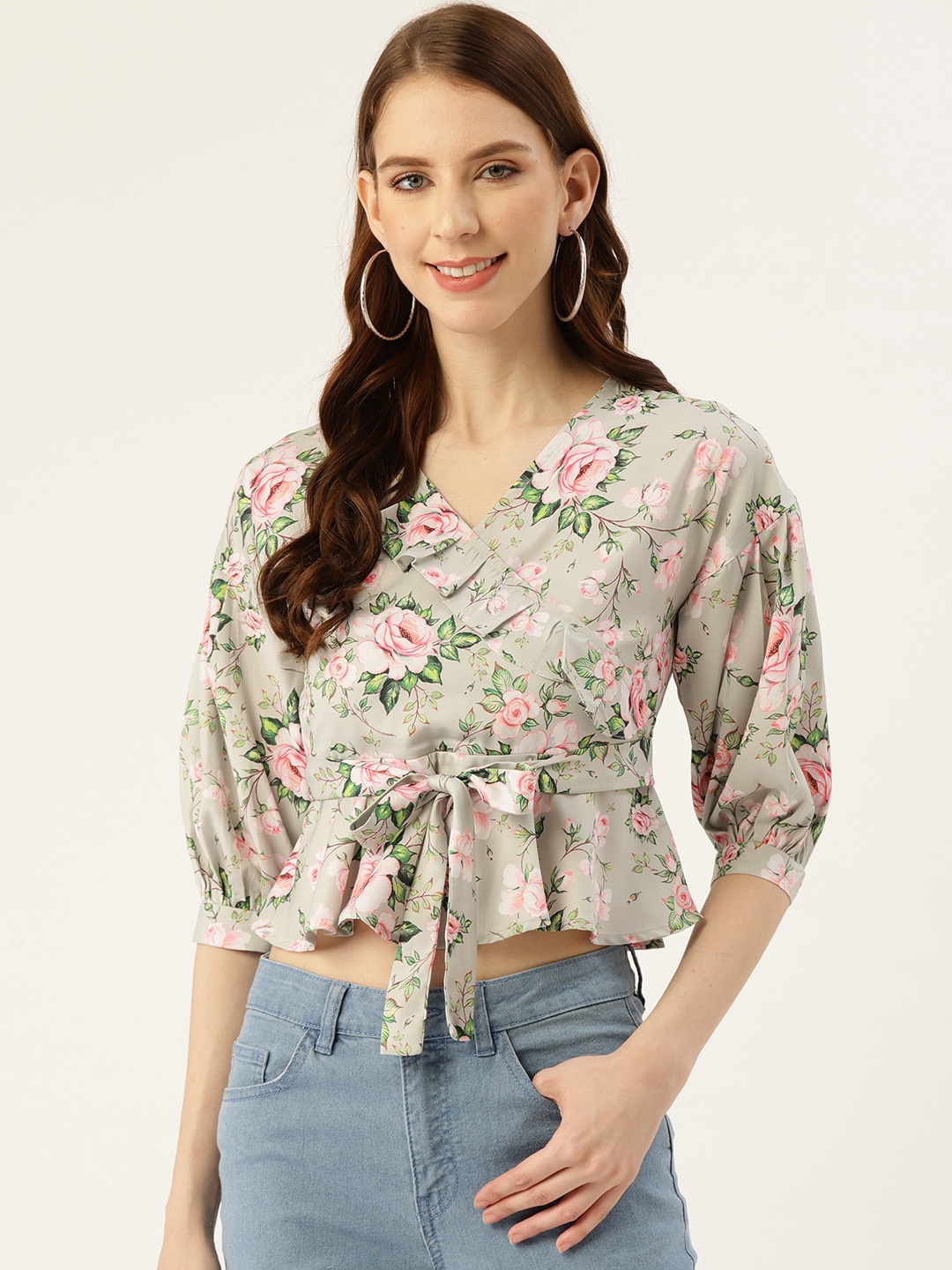 

Off Label Women Green & Pink Floral Printed Wrap Top