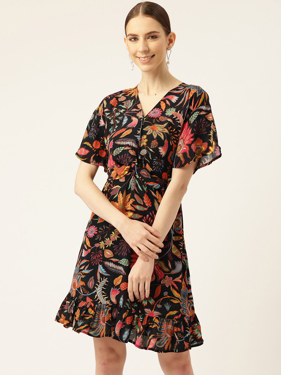 

Off Label Women Black & Mustard Yellow Floral Printed A-Line Dress