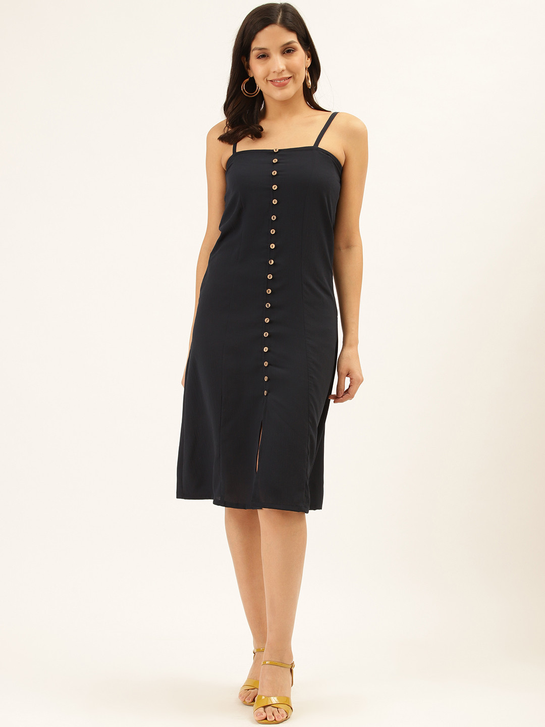 

Trend Arrest Women Navy Blue Solid Shift Dress with Button Detail