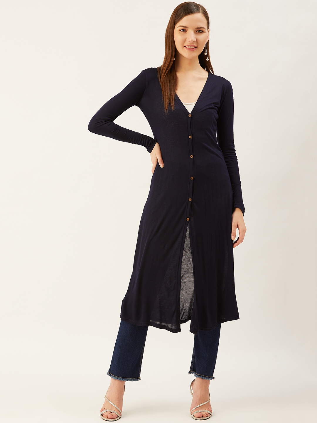 

Trend Arrest Women Navy Blue Solid Longline Front Button Shrug