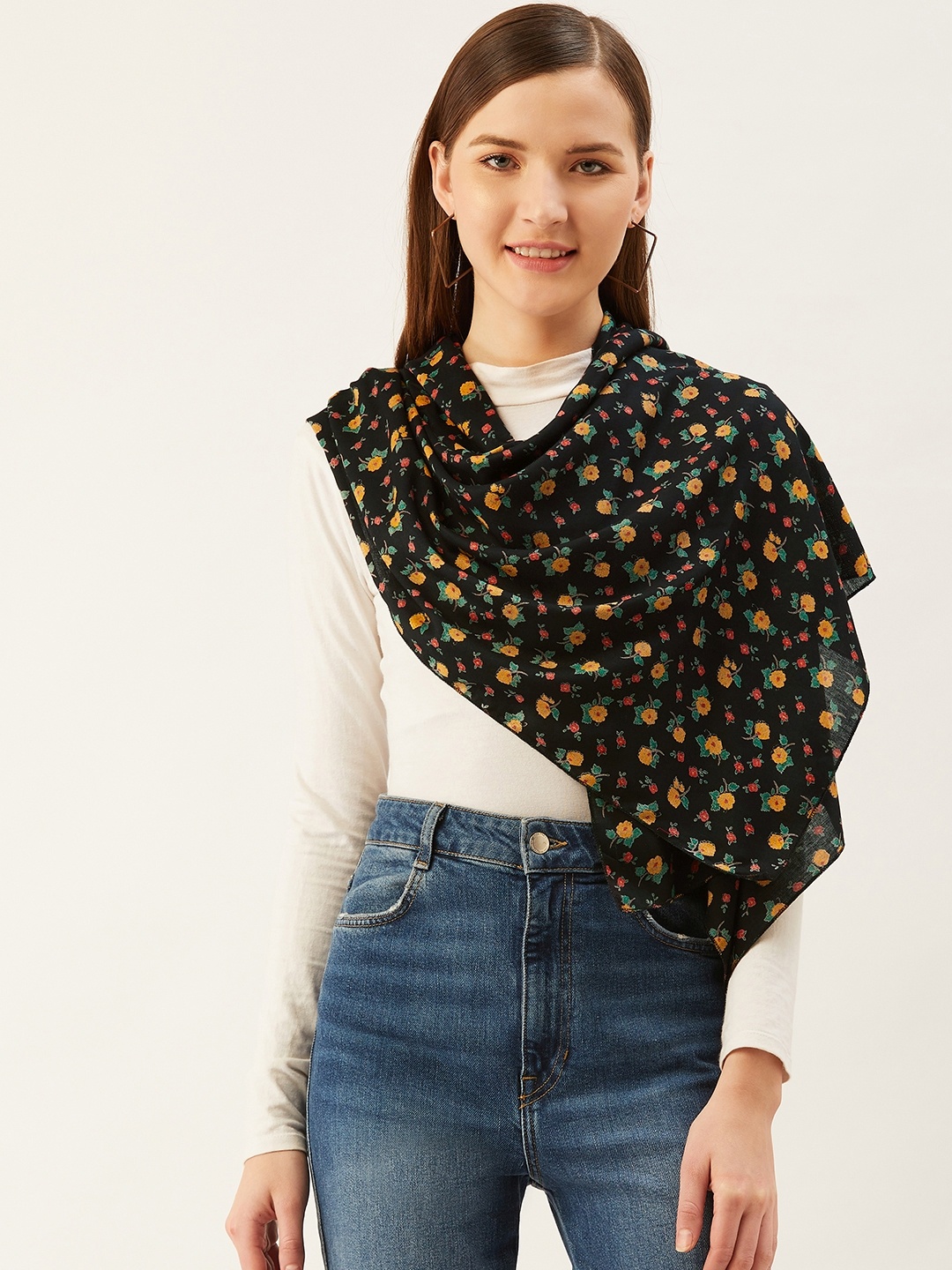 

Trend Arrest Women Black & Mustard Yellow Floral Printed Stole