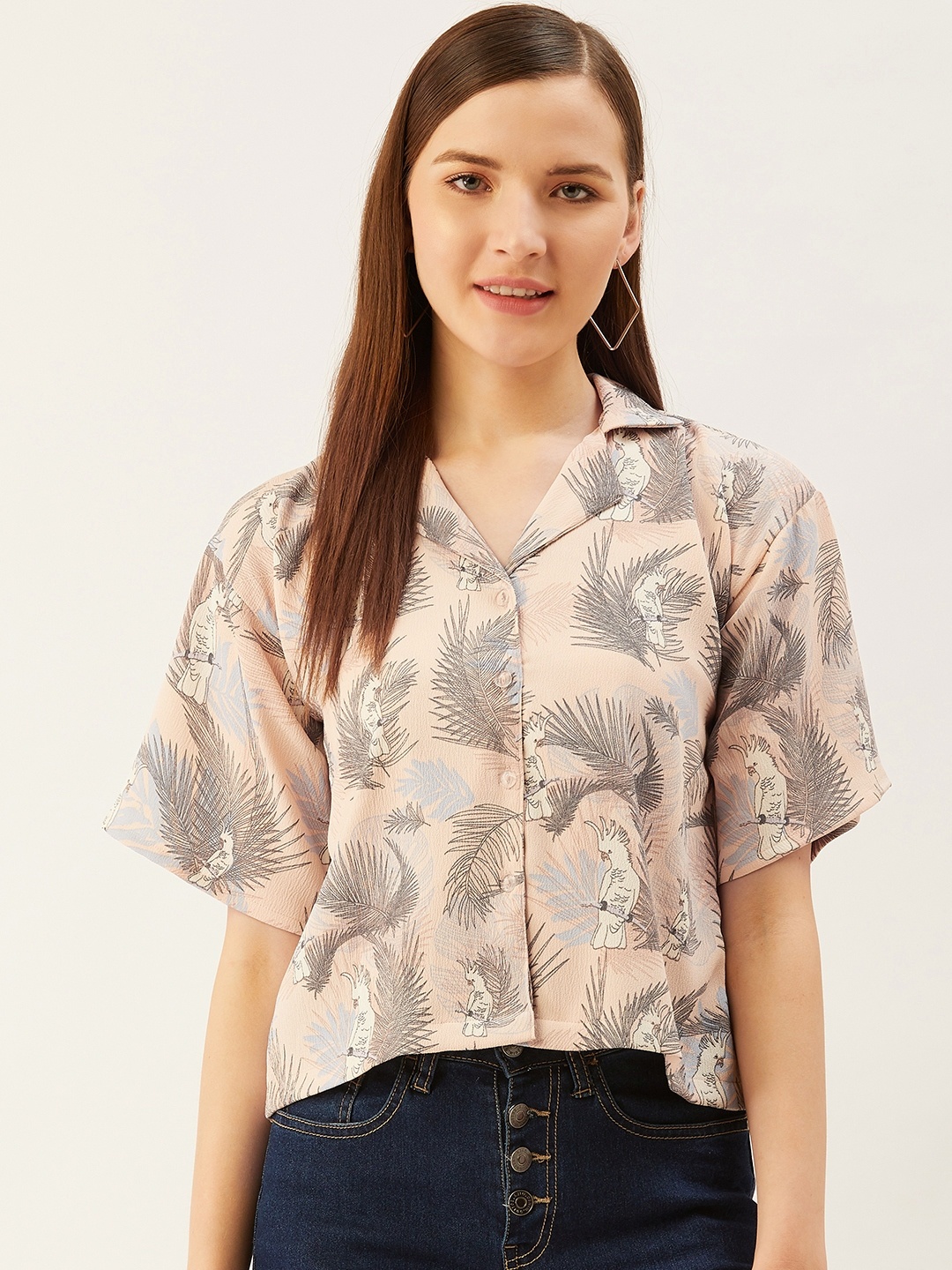 

Trend Arrest Women Peach-Coloured & Blue Regular Fit Quirky Printed Casual Shirt