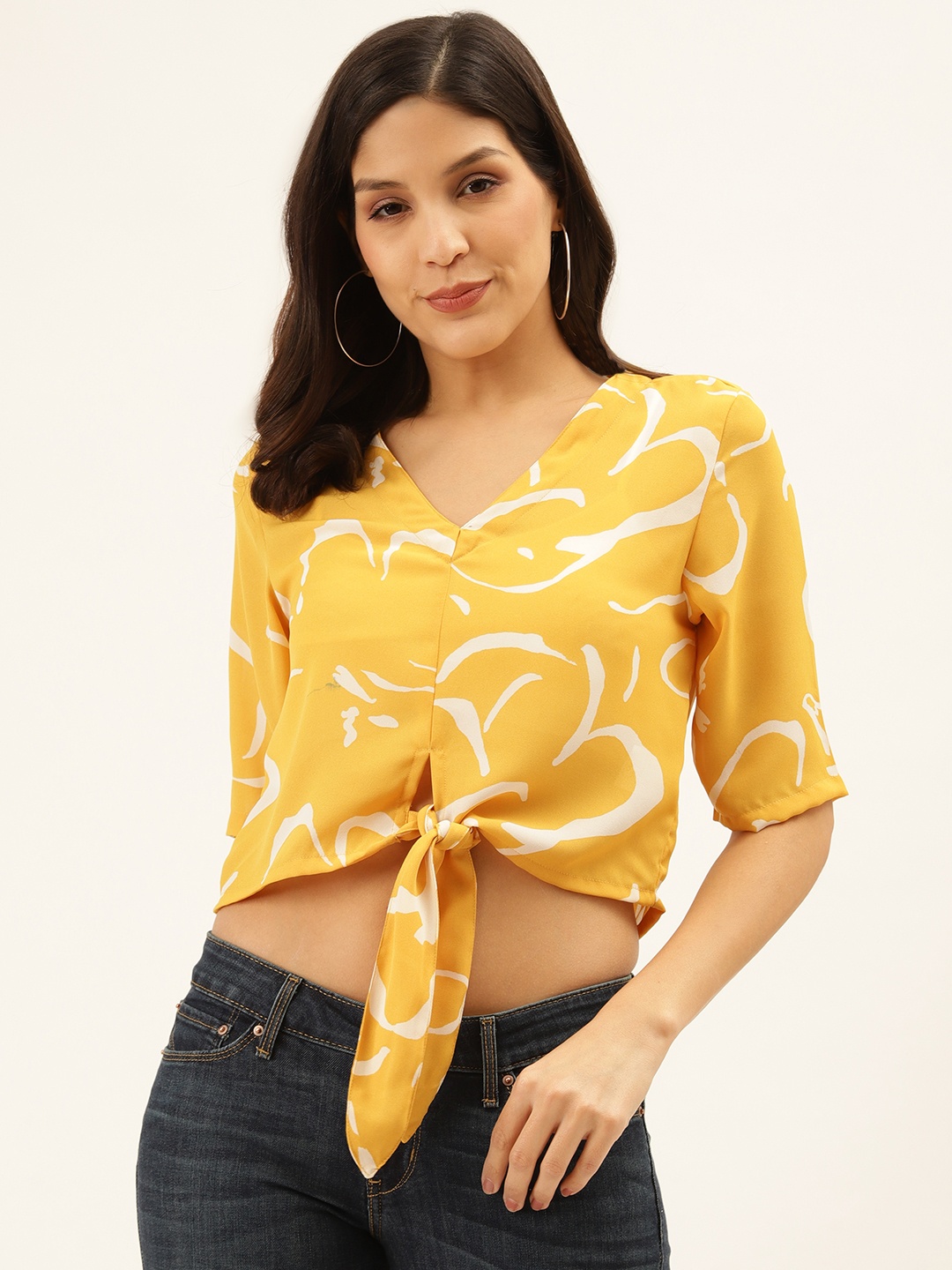 

Trend Arrest Women Mustard Yellow & Off-White Printed Front Knot Crop Top