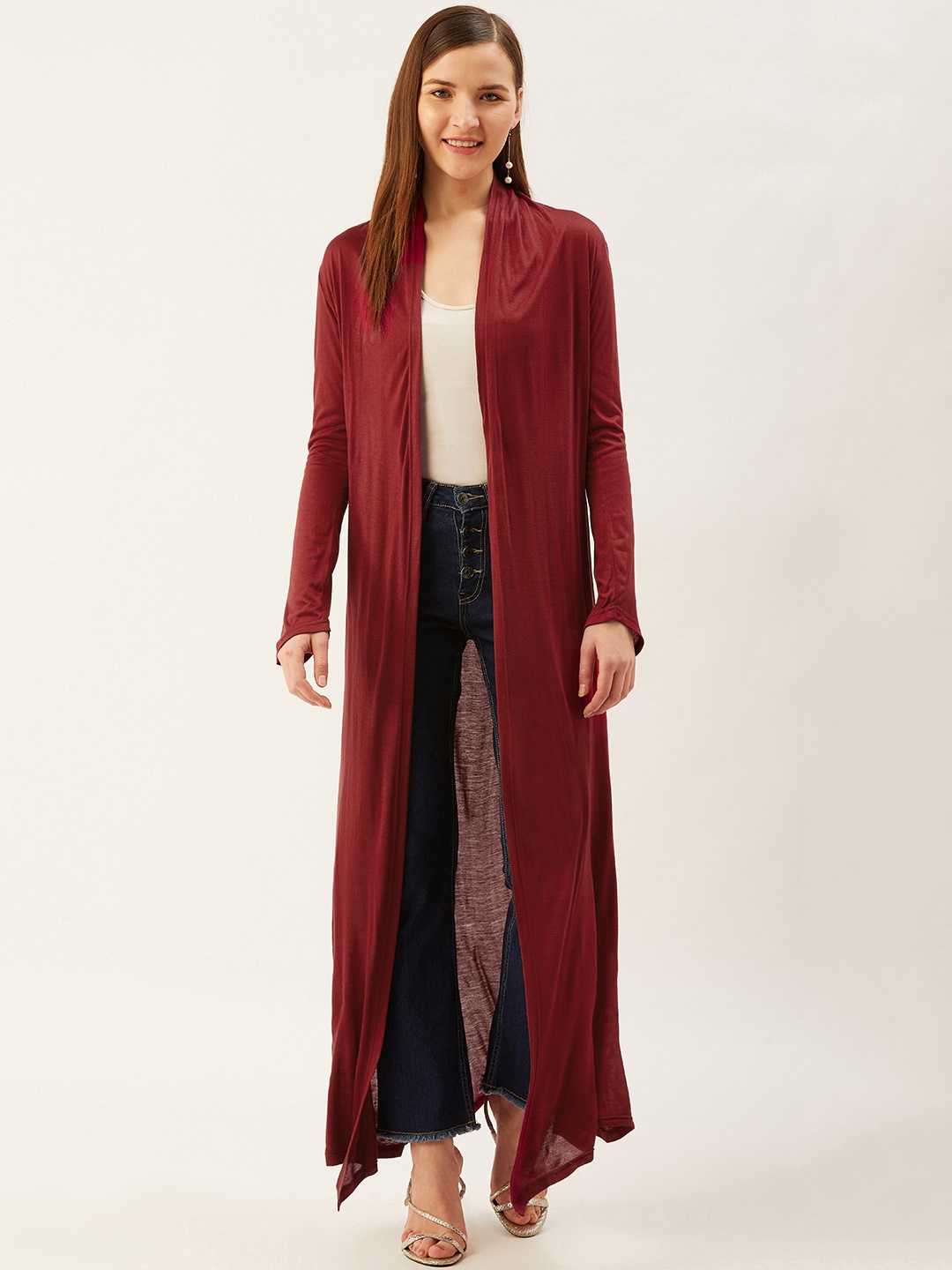 

Trend Arrest Women Maroon Solid Longline Open Front Shrug